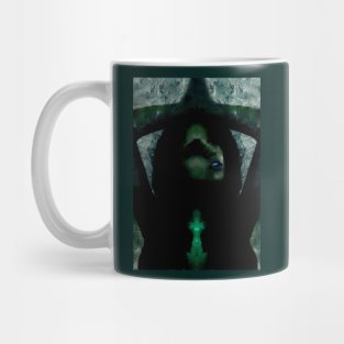 Portrait, digital collage, special processing. Beautiful but dark, like witch, woman. Tale. Green and blue. Mug